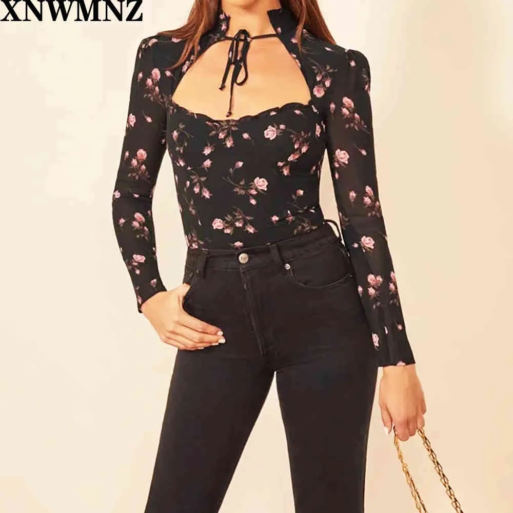 Vintage Slim Slim Hollow Out Tops Élégant Rose Rose Floral Imprimé Black Femmes Blouse Partie Blouses Mujer de Moda ZA Top Shei N VAD 210510