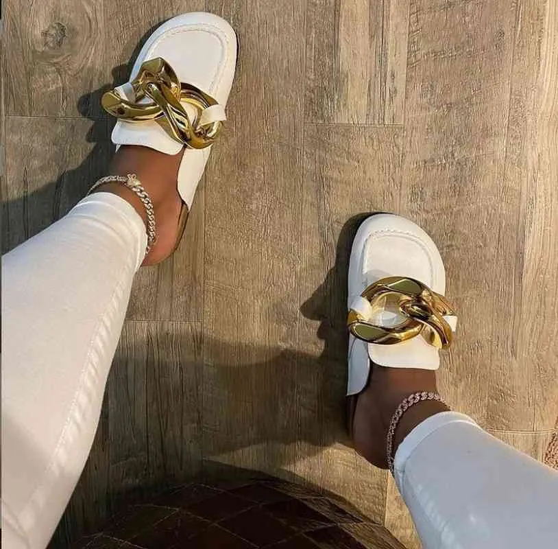 Mules Shoes Women Slippers Flats Designer Slides Size 43 White Black Luxury Big Chain Sandals Moda Feminina Verao 2021 Pantoufle Y0406