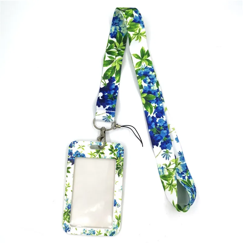 Blue Green Flowers Lanyard Credit ID Holder Bag Student Women Travel Card Cover Badge Car Keychain Gifts Accessories