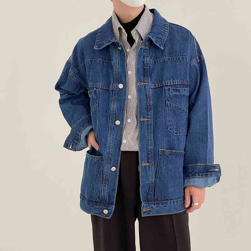 IEFB Dunkelblau Denim Jacke Männer Lose Fit Übergroße Vintage Jeans Mantel Frühling Mode Streetwear Mans Kleidung 9Y6971 210524