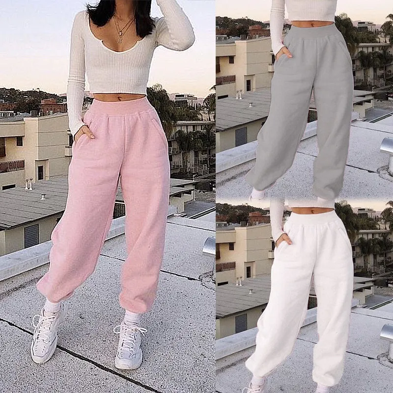 Women Pants Capris Pink White Sport Plus Size All Match Casual Long Baggy Thicken Fashion 210524