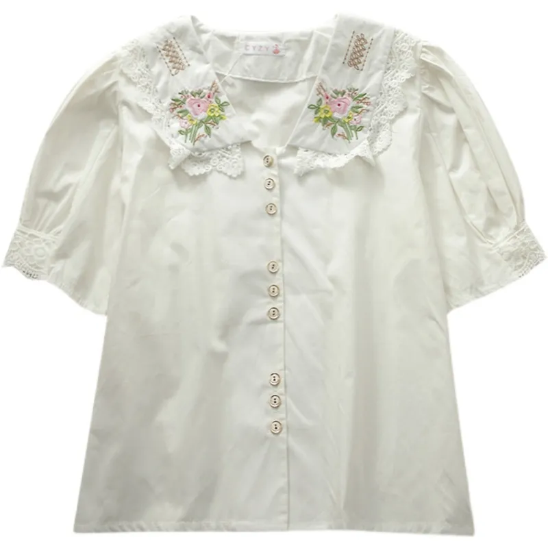 Kimutomo chic floral borduurwerk blouse vrouwen kant patchwork lente Koreaanse vrouwelijke Peter pan kraag korte mouw tops 210521