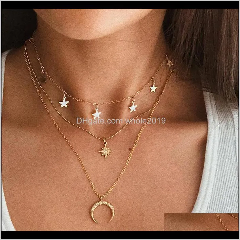 Necklaces & Pendants Jewelry Hebedeer Fashion Multilayer Moon Star Pendant Golden Women Necklace Chocker Jewlery Link Chai322O