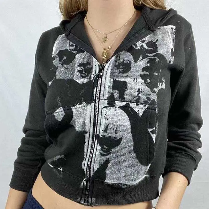 Frauen Hoodies mit Taschen 90er Jahre Vintage Grafik Y2k Ästhetische Mantel Top E-Girl Sweatshirts Frühling Herbst Gedruckt Reißverschluss 210803