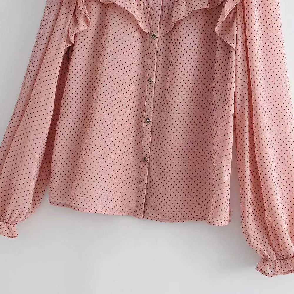 HSA Women Pink Tops Long Sleeve Casual Blouse and Sweet Chic Flare Polka Dots Loose Spring 210716