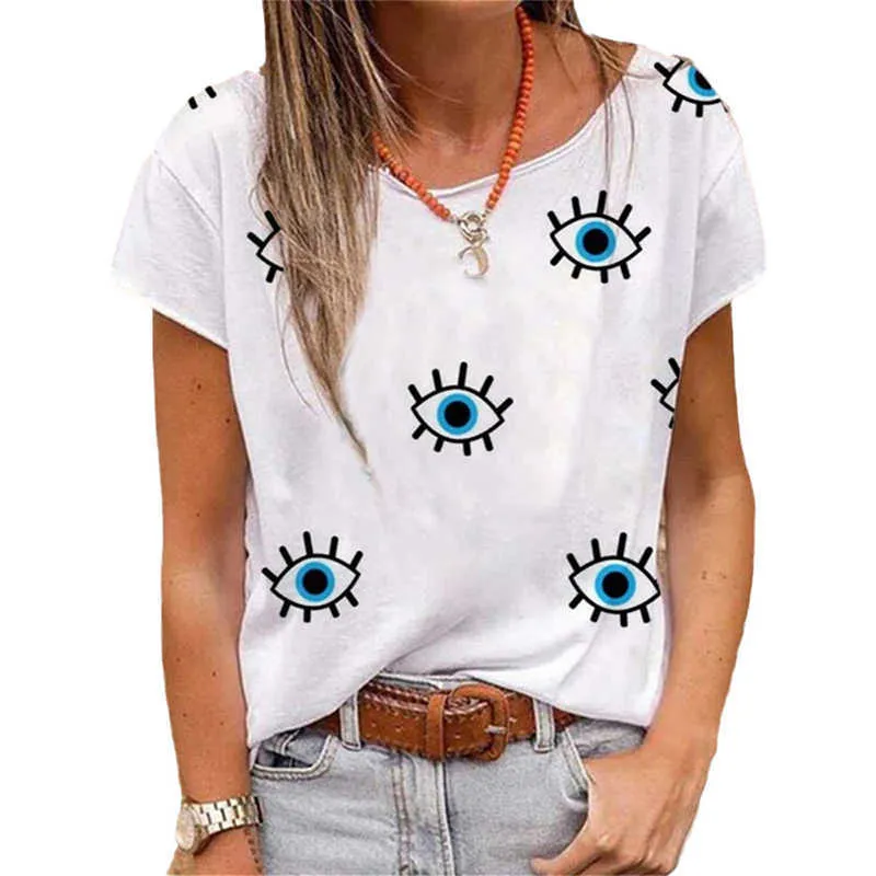 Eye Print Blue White Couture T-shirt surdimensionné pour femmes à manches courtes Casual Femme T-shirts 2021 Été Plus Taille Style français Y0629