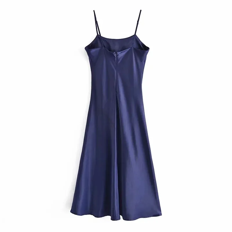 Kobiety Różowy Blue Sexy Satynowy Camisole Midi Dress V-Neck Regulowane Cienkie Pasy Backless Split Club Party Dresses 210520