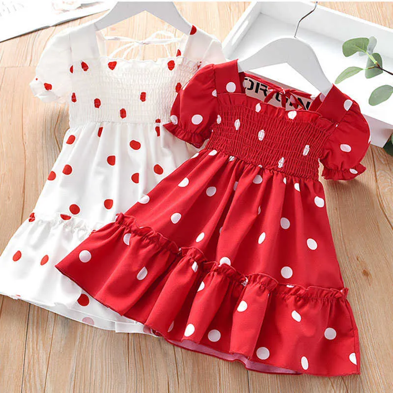 Girls Dress Summer Puff-Sleeve Ploka Dot Printed Sweet Princess Toddler Kids Clothes For 2-6Y 210611