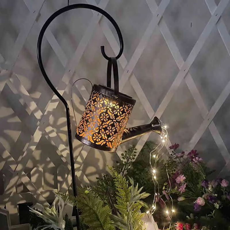 Outdoor Solar Watering Can Ornament Lamp Art Light Decoratie Hollow-Out Iron Douche LED-verlichting String Tuin Decoraties