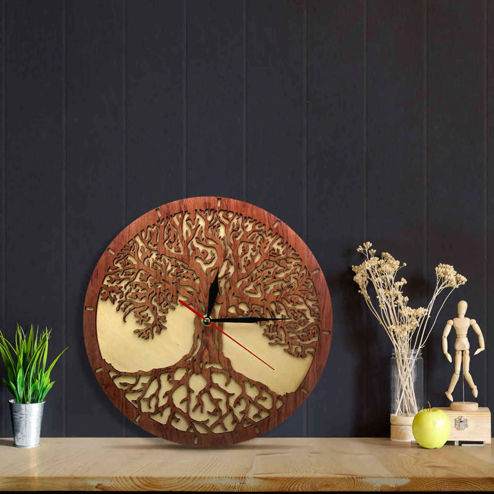 Yggdrasil Árbol de la vida Reloj de pared de madera Geometría sagrada Árbol mágico Decoración para el hogar Barrido silencioso Cocina Reloj de pared Regalo de inauguración de la casa 211110