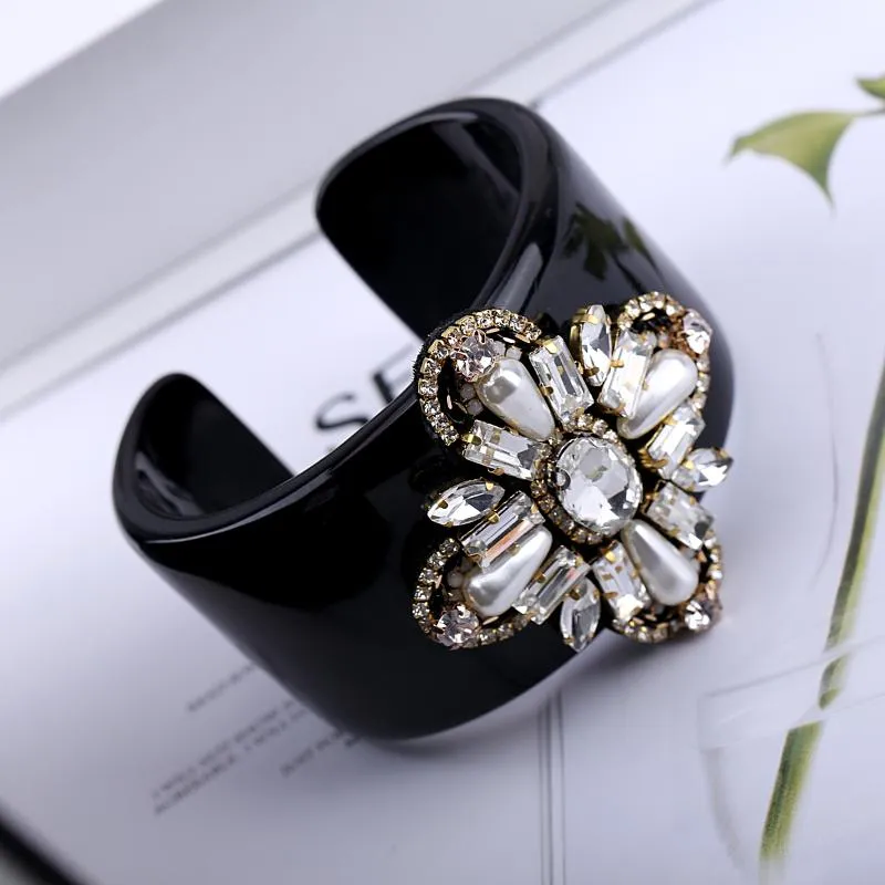 Bangle HAHA&TOTO Trendy Black Resin Inlaid Handmade Crystal Beaded Flower Statement Women Jewelry 3297215K