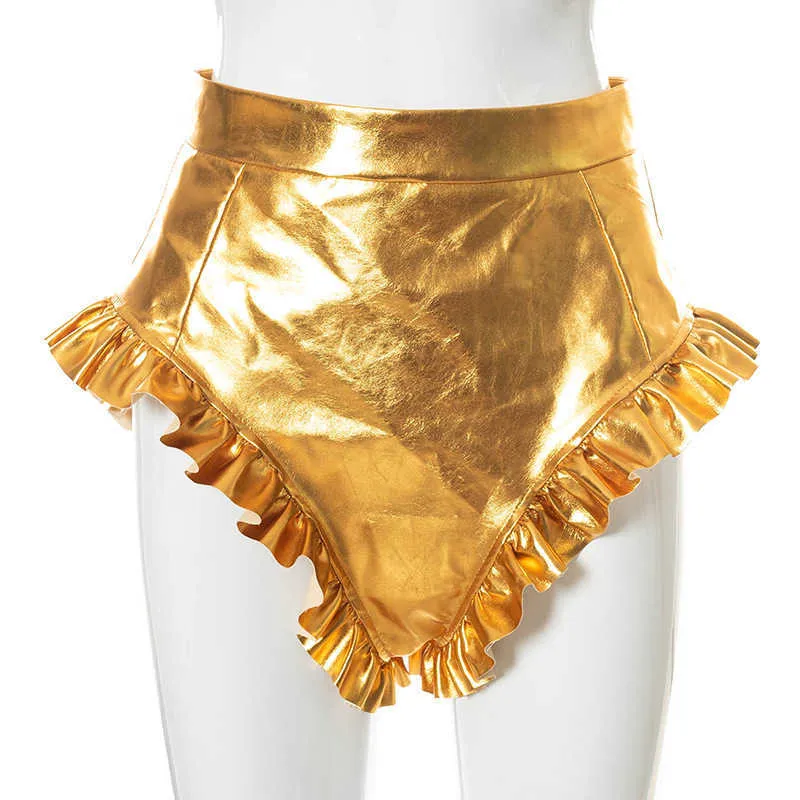 Zomer Straat Mode V Geplooide Side Shiny PU-kunstleerborrels voor vrouwen Hoge taille Losse Ruffle Shorts