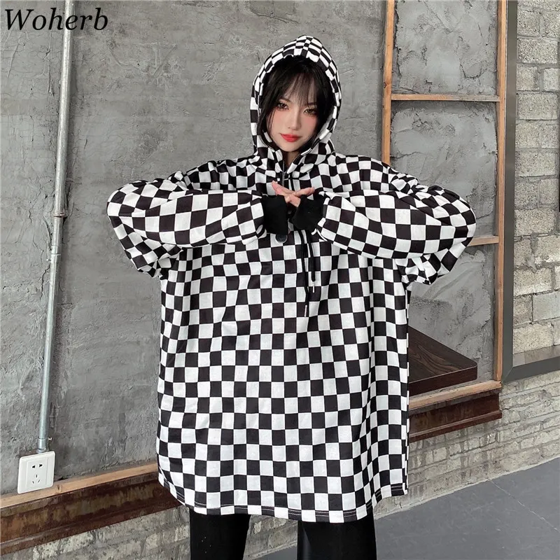 Vår mode hoodies sweatshirts kvinnor harajuku plaid hoody coat streetwear hip hop bf kvinnlig 4h414 210422