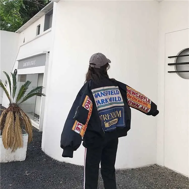 Chaqueta de mujer de manga larga con botones de bolsillo de gran tamaño harajuku Vintage, tops de bombardero estampados, ropa de primavera, cremallera negra, 211014