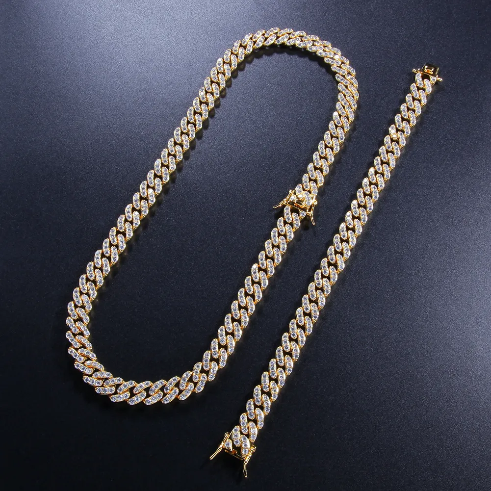 Iced Out Майами, кубинская цепочка, серебряные мужские золотые цепочки, ожерелье, браслет, модные ювелирные изделия в стиле хип-хоп 9MM233u