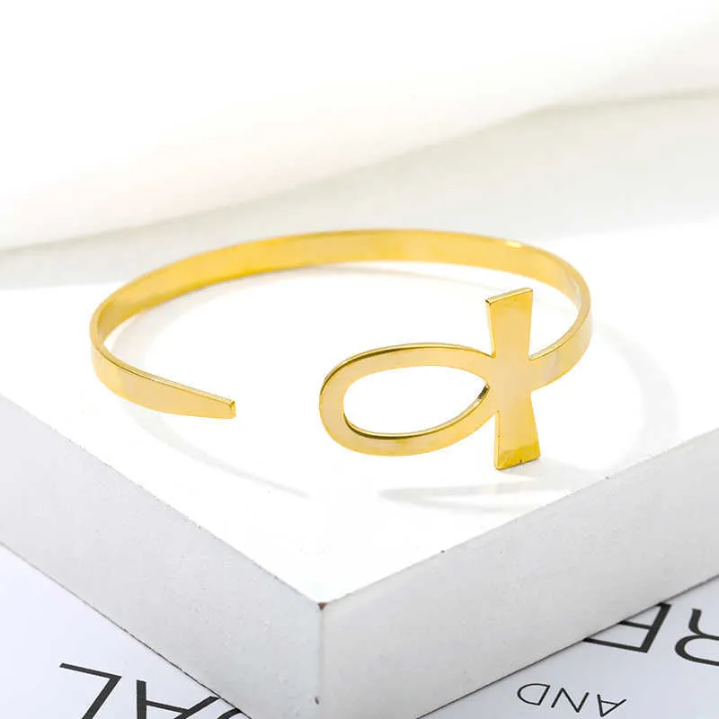 Bracelet for Women Girls Belief Fashion Egyptian Ankh Cross Opening Bracelet Homme God Stainless Steel Jewelry Wholesale Gifts Q0719