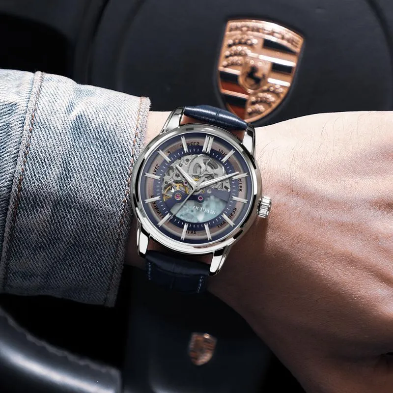 Armbanduhren OCHSTIN Mechanische Uhr Männer Mode Leder Armband Vintage Skeleton Männliche Automatische Armbanduhr Geburtstagsgeschenk für H333L