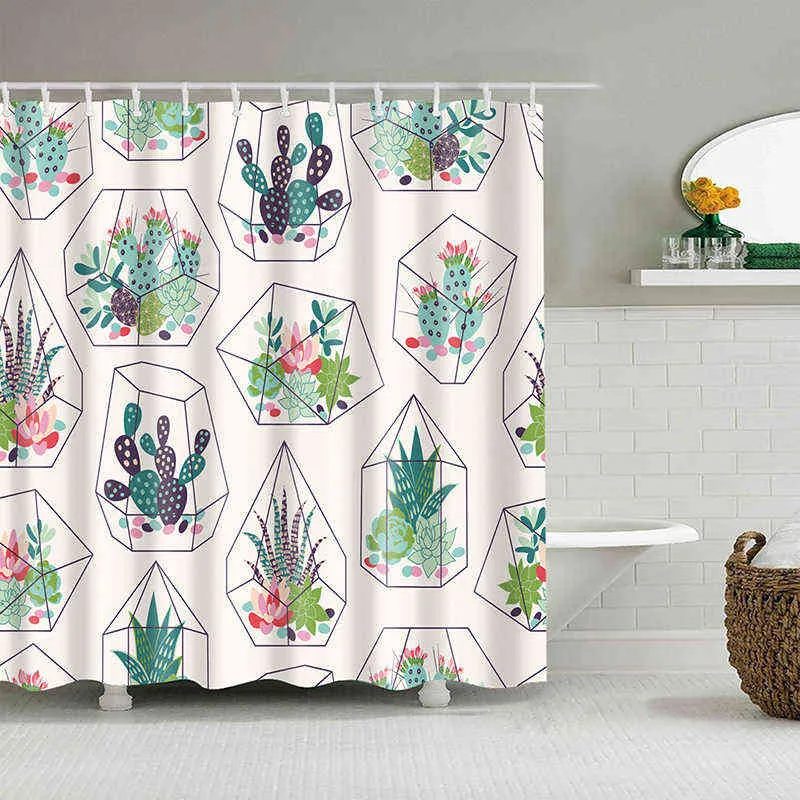 3D Floral Shower Curtains Cactus Flower Plant Bath Curtain With Hooks Polyester Fabric Curtain for Bathroom Decoration cortinas 211116