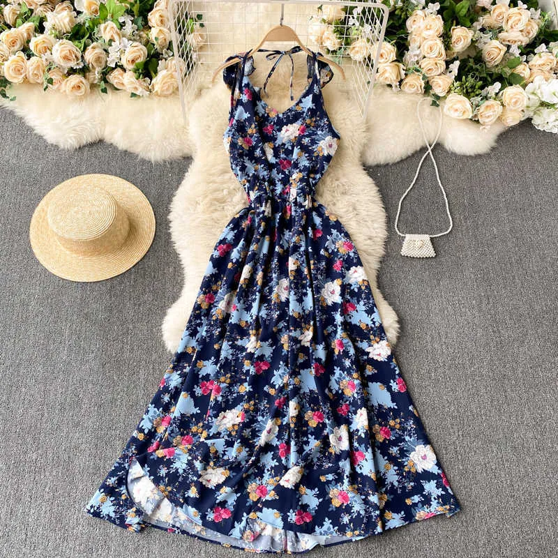 Moda donna estate scollo all'americana senza maniche stampa floreale senza schienale elastico in vita stile boho vacanze al mare maxi vestito 210603