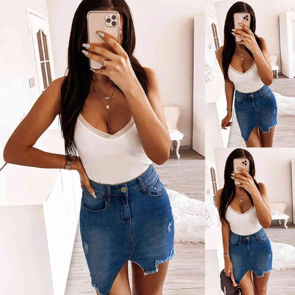 Sale Women Denim Stretch Pencil Casual Skirt Female Summer Sexy Elastic Bodycon Hip Irregular Above Knee Trendy Retro Skirt D30 X0428