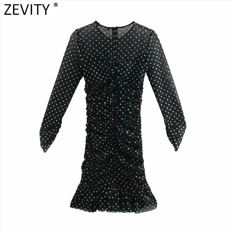 Women Sexy Sequined Dots Slim Pleated Mesh Dress Female Three Quarter Sleeve Chic Vestido Back Zipper Clothes DS4913 210420