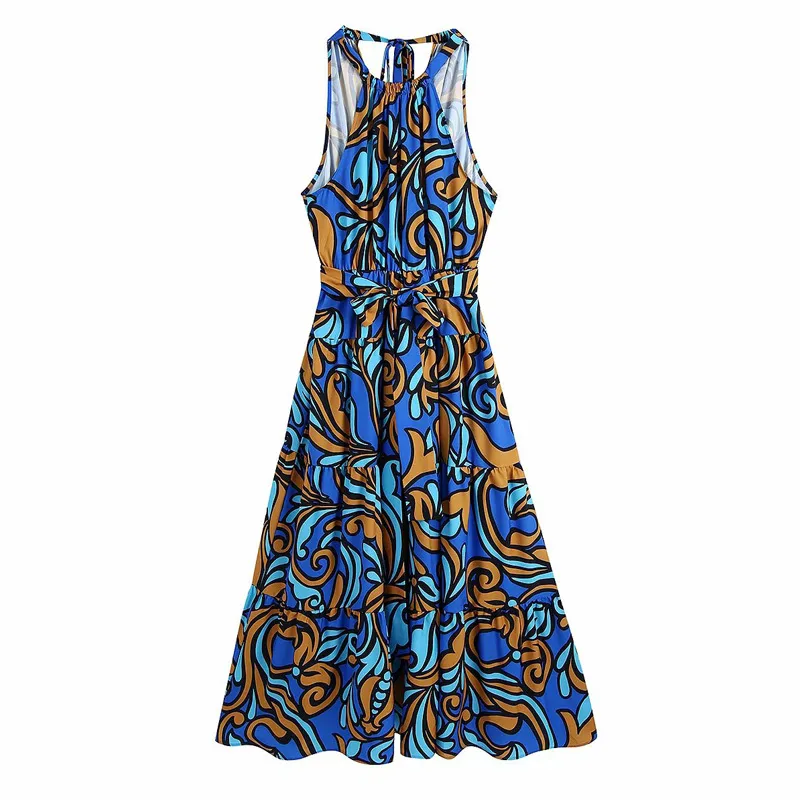 Women Summer ZA Vintage Print Dress Sleeveless Halter Sashes Bow Tie Female Elegant Fashion Street Dresses Clothes Vestidos 210513