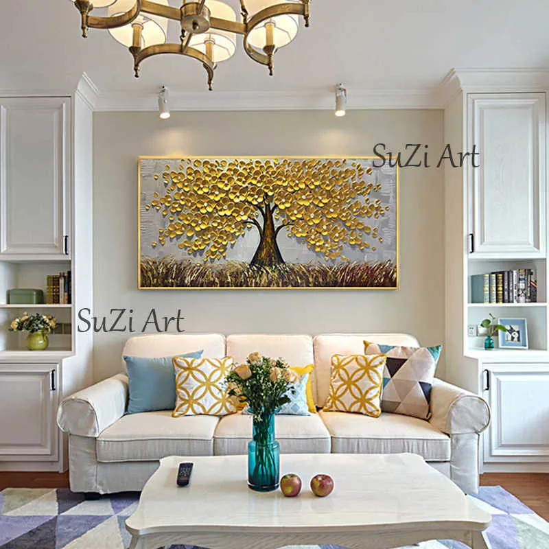 100% Handmade Large Gold money Tree Painting Modern landscape Oil Painting On Canvas Wall Art Picture For Home Office Decor 210927