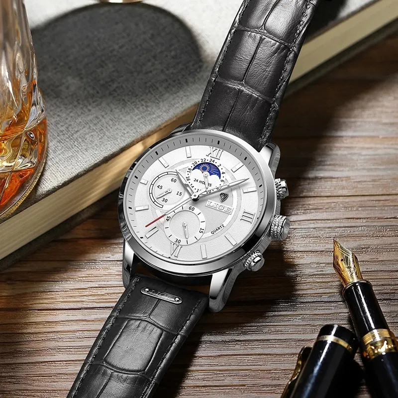 2021 LIGE orologi da uomo top brand orologio di lusso casual Leathe 24 ore fasi lunari orologio da uomo sportivo cronografo al quarzo impermeabile Box249z