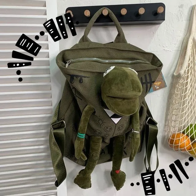 Men's Trendy Cool Graffiti Canvas Backpack Man Original Street Fashion Frog Doll School Bag Unisex Casual182P