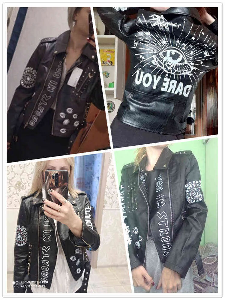 Ailegogo Autumn Women Kvinnliga nitar Letters Skriv ut motorcykel Läder Kort kvinnors cyklist Coat Faux Leather Jacket Punk Outwear 220112