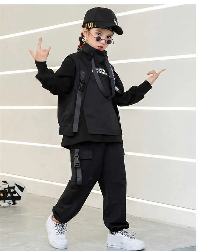 4-16 anni Bambini Hip Hop Autunno Abbigliamento Nero Bianco Top Gilet Pantaloni da ballo ragazze Ragazzi Costumi di danza Abiti da ballo X0902