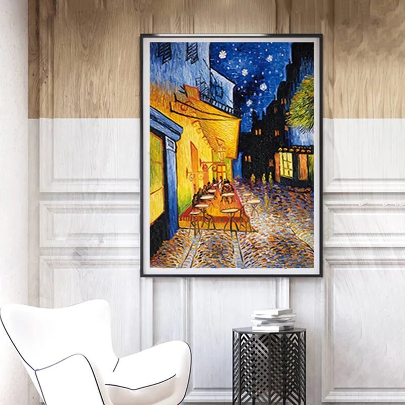 Van Gogh Ünlü Yağlıboya Baskı Posteri Geceleri Cafe Teras Üreme Tuval Duvar Sanatı Resimleri için Oturma Odası Dekorasyon