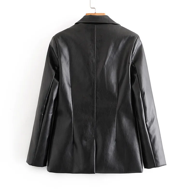Vintage Stylish PU Faux Leather Pocket Blazer Coat Women Fashion Long Sleeve Female Blazers Outerwear Chic Tops 210430
