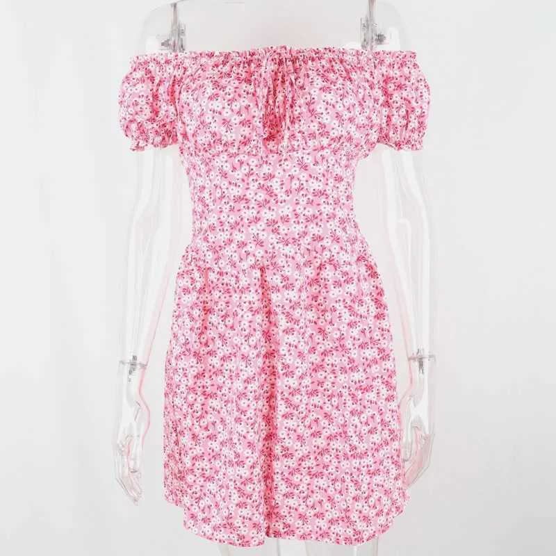 Imprimé floral mode froncé Sexy dos nu Mini robe d'été manches bouffantes vacances d'été Dresse vêtements 210623