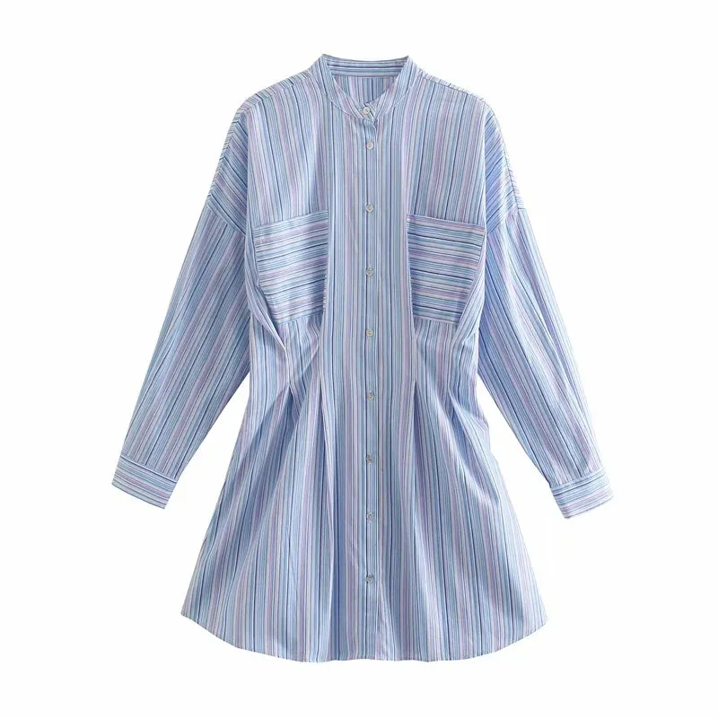 Primavera azul camisa a rayas vestido mujer manga larga fruncido corto es mujeres bolsillos casuales botón vintage 210519