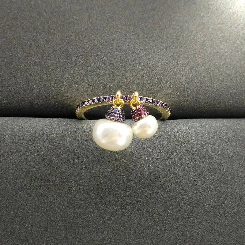 Pérola de prata esterlina anel roxo fêmea amarela dourada de temperamento retro índice de dedo rings de cluster de dedo 210f