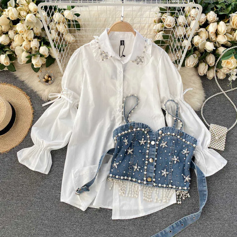 Höst Mode Sets Vit Lapel Puff Sleeve T Shirts Diamant Beaded Blouse Kvinnor Sexig Fransed Pearl Camisole Vest Tops Kläder 210610