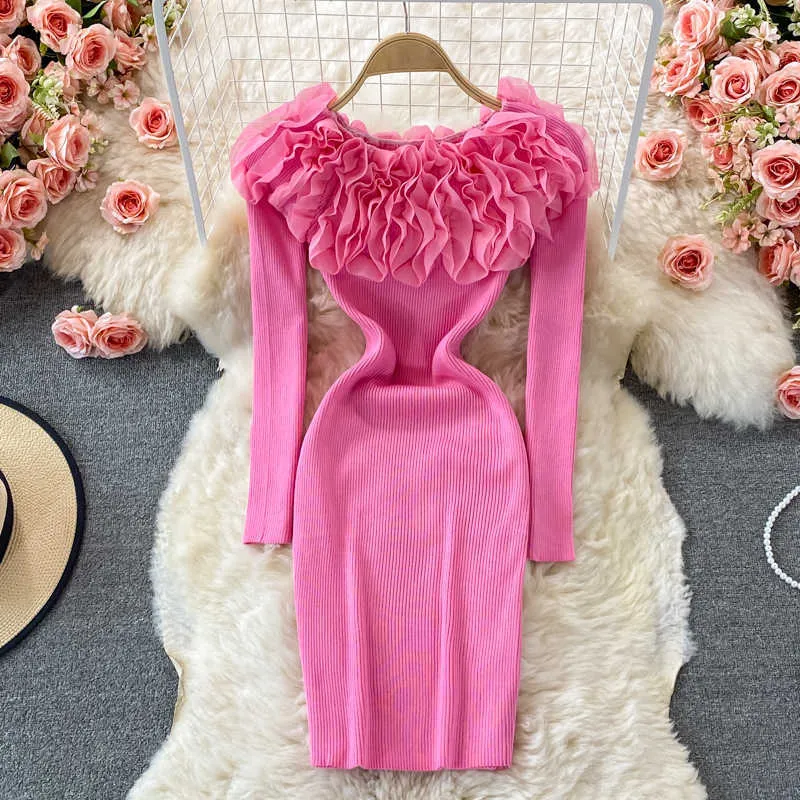 Ruffles Slash Neckdresses Dla Kobiet 2021 Sexy Bez Ramiączek Krążkowaty Krojenia Bodycon Sukienka Kobiety Jesień Z Długim Rękaw Mini Sweter Sukienka Y1006