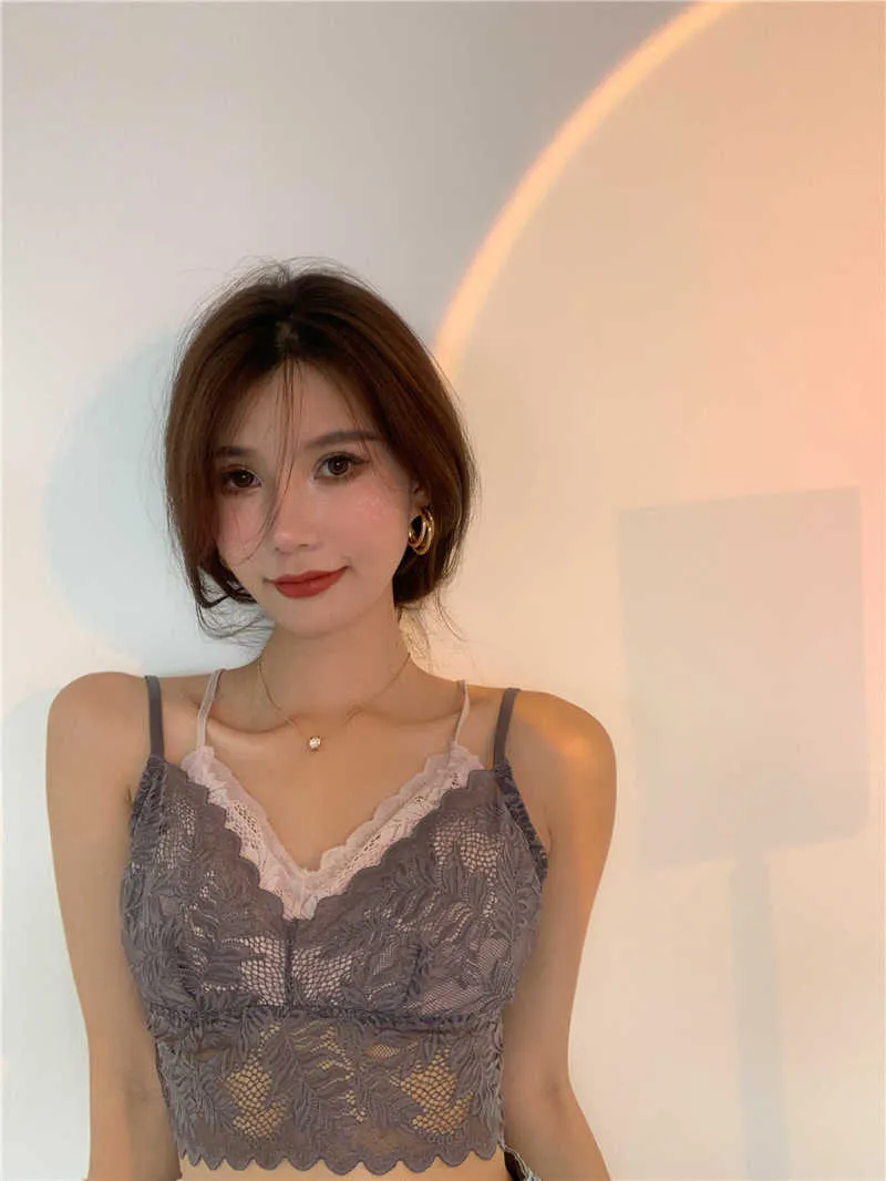 Two Fake Brassieres Black Sexy Lace Tank Top Women Fashion Mesh See Through Sleeveless Slim Clothing Solid Lady Cropped 210529