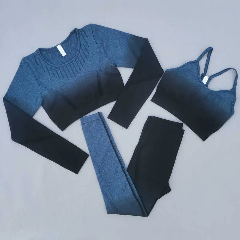 Ombre Seamless Yoga Set Women Gym Clothing Workout Long Sleeve Crop Top Sports Bra High Waist Fitness Leggings Suits 210802