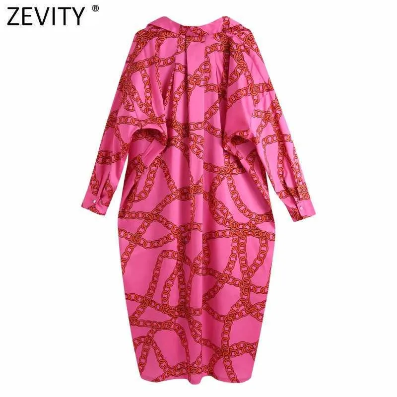 Zevity Femmes Vintage Chaîne Impression Casual Lâche Droite Midi Robe Femme Chic Manches Chauve-Souris Marque Kimono Robe DS8117 210806