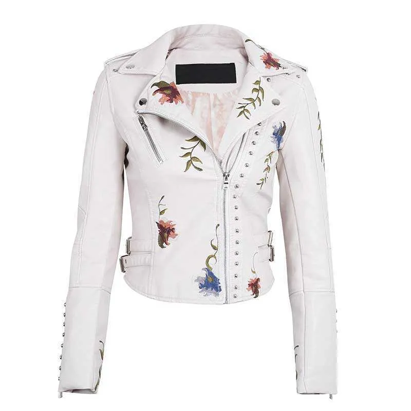 Ailegogo Printemps Automne Fleurs Broderie Pu Veste En Cuir Femmes Col Rabattu Rivet Zipper Noir Biker Manteaux Tops Vêtements 210909