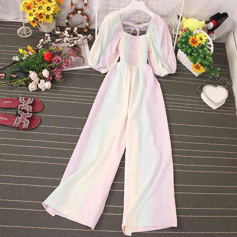 Color Gradient Color Bubble Sleeve Jumpsuit All-Dopasuj Jesienny styl Szerokie nogi Spodnie Temperament Waist Spodnie UK026 210507