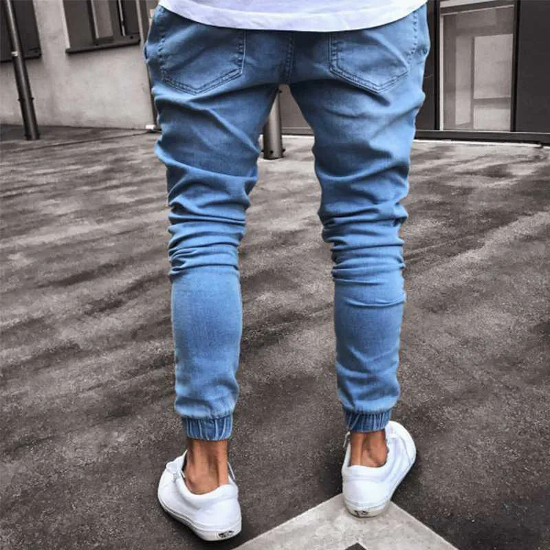 Jeans da uomo di alta qualità Blu Nero Biker Piega Mazzo di piedi Denim Maschio Colore puro Jogger Caviglia Striate Pantaloni a matita S-3XL Taglia X0621