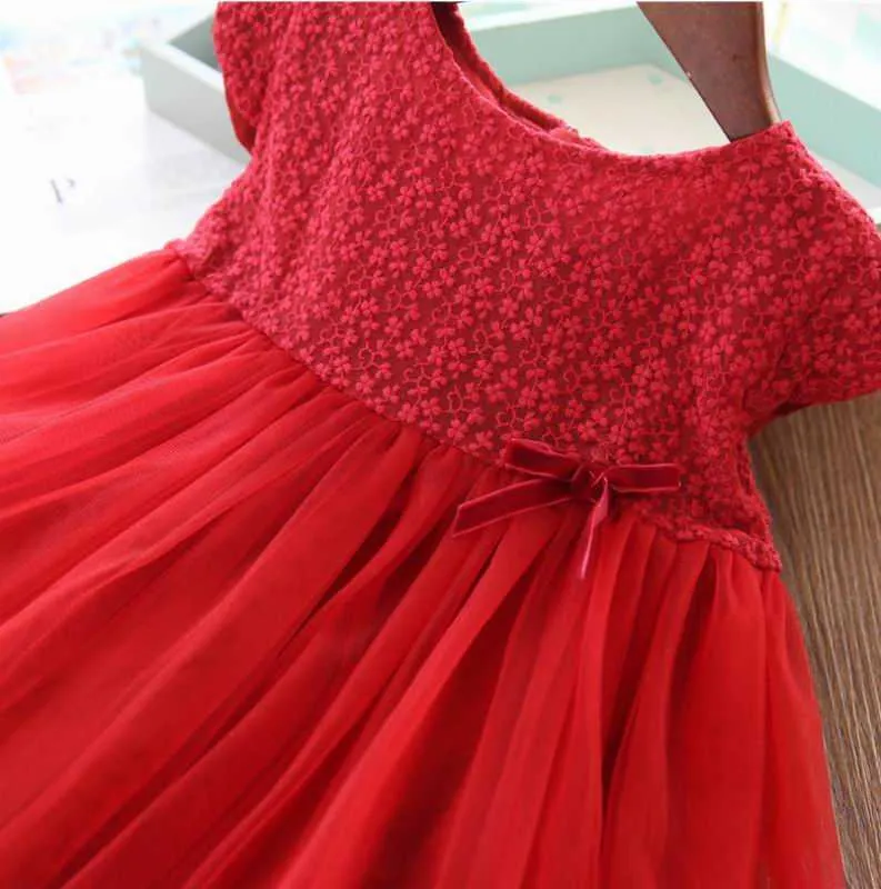 Lace flower Girl Summer Dresses Gauze Short Sleeve Red White Princess Baby Clothes 2-8Y E88632 210610