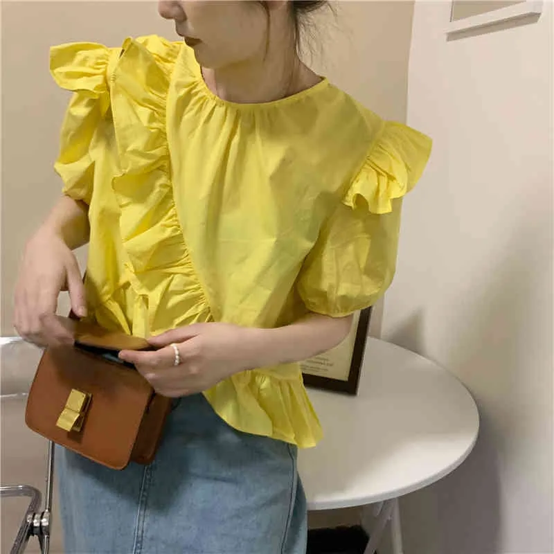 Blue O Neck Puff Sleeve Blouse Women Korean Chic Casual Simple Blusas Mujer De Moda Summer Ruffles White Tops Sweet Slim Wild 210429