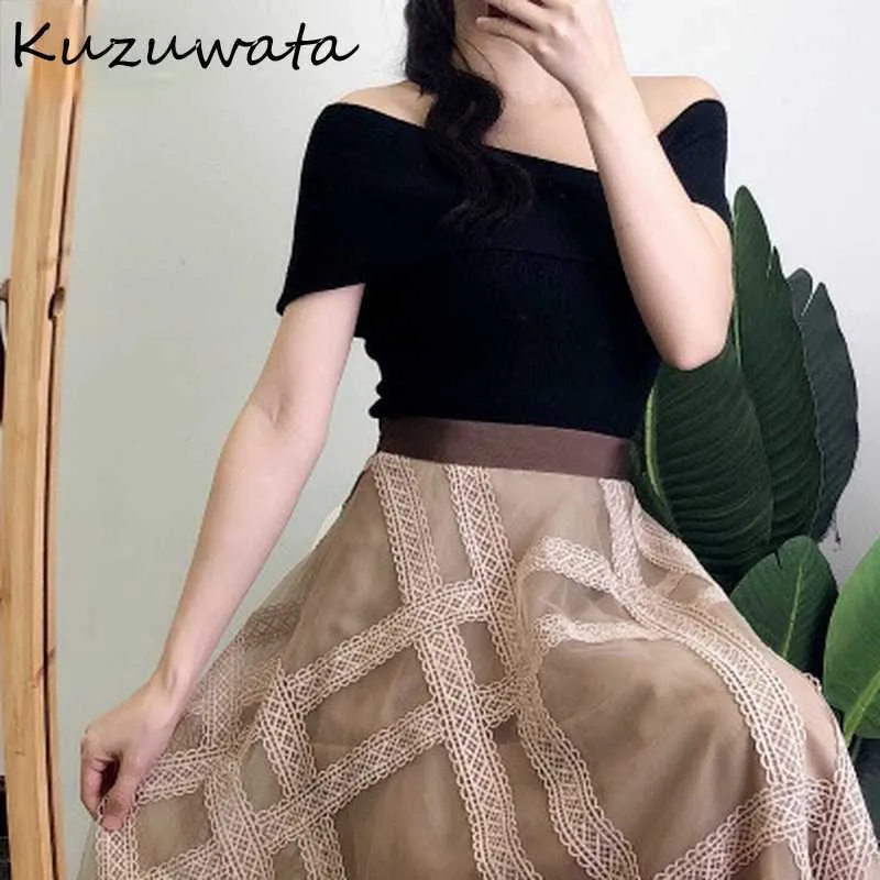 Kuzuwata SK colarinho de manga curta ombro strapless sexy camiseta mulheres magro encaixar fit design sólido tees verão top 210806