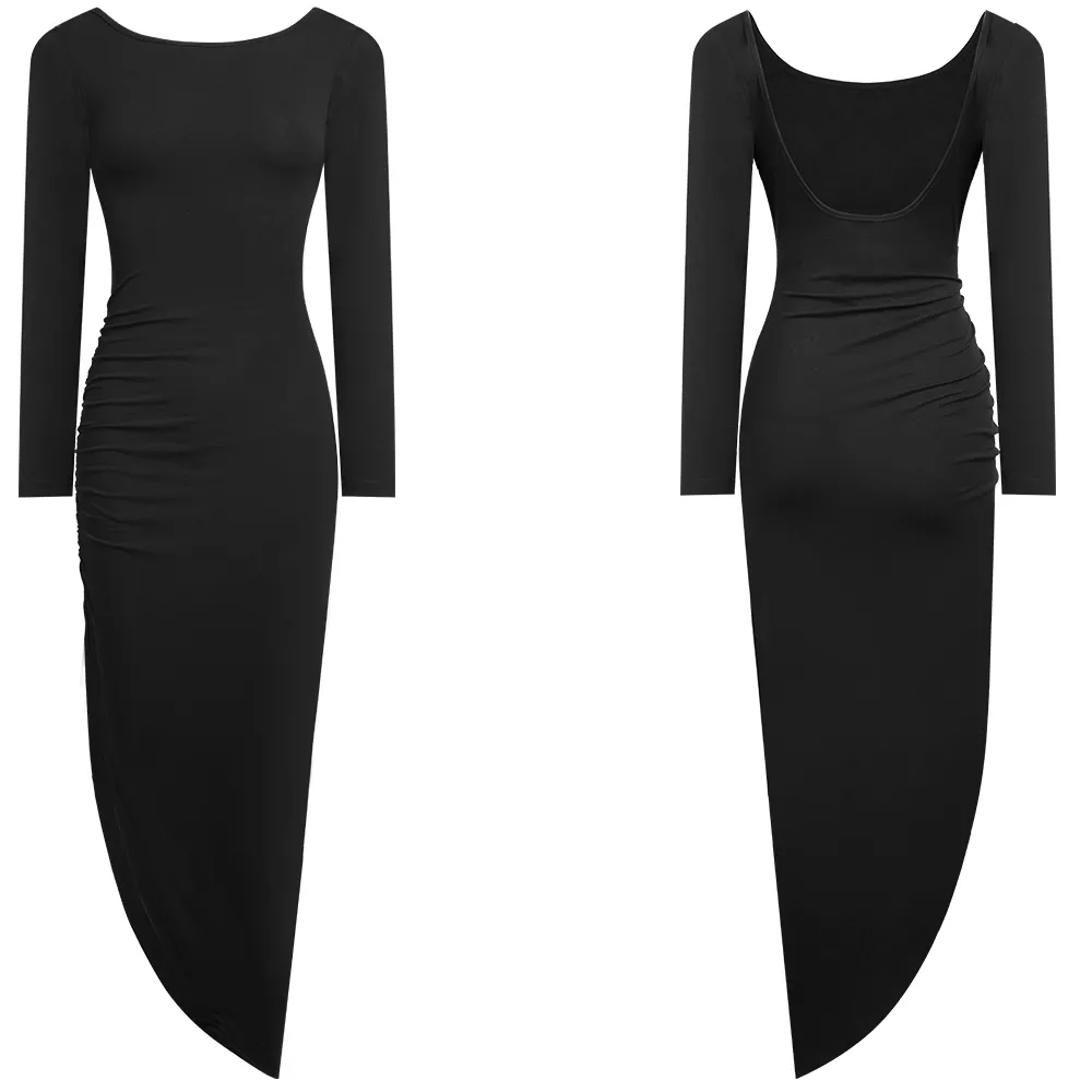 Nice-Forever Autumn Women Sexy Backless Black Dresses Cocktail Party Elegant Maxi Bodycon Slim Dress Btyub20 210419