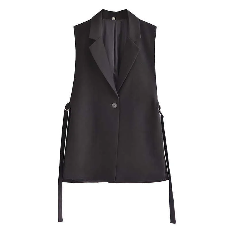 KPYTOMOA Kvinnor Mode med flikar Enkelt Button Waistcoat Vintage Ärmlös Sida Vents Kvinna Vest Coat Chic Veste 210817
