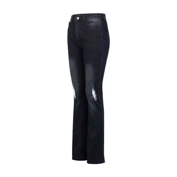 Wysoka talia chudy chłopak czarny rozdzierający dżinsy damskie dziury vintage bell dole spodnie damskie flary straszne spodnie denimowe 210708